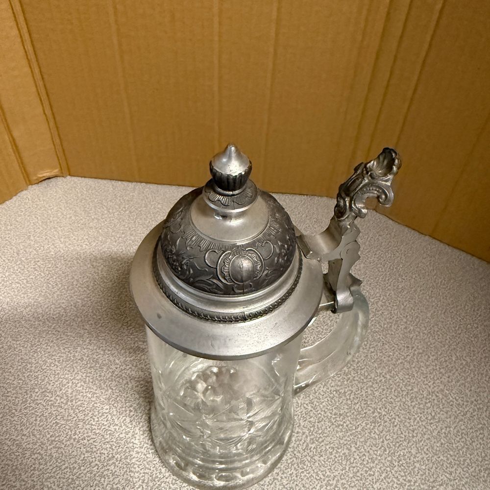 Vintage Glass Beer Stein with Ornate Pewter Lid Crystal Cut Design - Picture 5 of 6